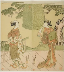 Les acteurs Ichimura Uzaemon IX en tant que Shume no Hangan Morihisa (à droite), et Sanogawa Ichimatsu II en tant que Chujo (à gauche), dans la pièce Edo no Hana Wakayagi Soga, jouée au théâtre Ichimura en février 1769