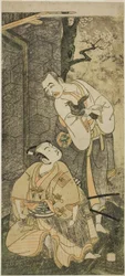 Les acteurs Nakamura Utaemon I en Seigen (à droite), et Ichikawa Komazo II en Shimizu Tonoinosuke Kiyoharu (à gauche), dans la pièce Soga Moyo Aigo no Wakamatsu, jouée au théâtre Nakamura en mars 1769