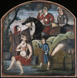 Khusraw découvre Shirin se baignant. Du cycle pictural de huit sujets poétiques, milieu du 18e siècle