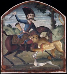 Chasseur à cheval attaqué par un lion