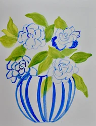 Fleurs dans un vase à rayures bleues