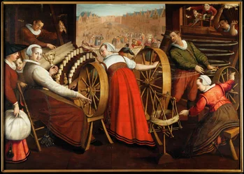 Ouvriers filant et tissant la laine, vers 1600 (huile sur bois)