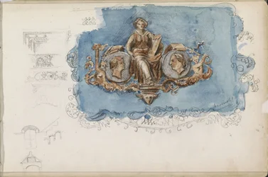Vignette avec femme assise et deux portraits