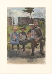 Un homme avec trois filles sur un banc dans l