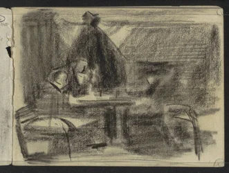 Personnages à une table dans un intérieur
