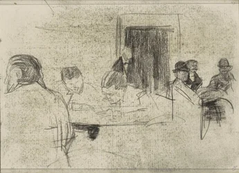 Hommes à des tables, peut-être dans un café