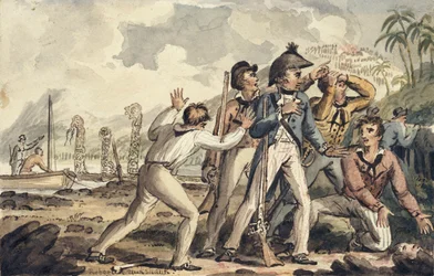Le capitaine Burney découvrant ses compagnons de bord assassinés, illustration de "Les Voyages du capitaine Cook"