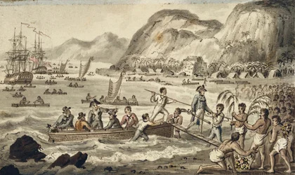Le capitaine Cook débarquant à Owyhee, illustration de "Les voyages du capitaine Cook"