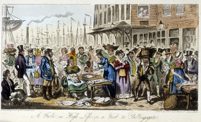 Marché aux poissons à Londres - dans « The English Spy » par Charles Molloy Westmacott, dessin de Robert Cruikshank, édition de Londres