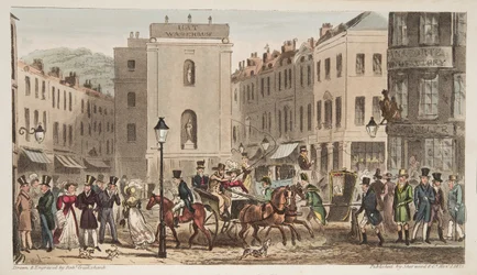 Milsom Street & Bond Street avec portraits de Bath Swells, de The English Spy, publié à Londres, 1824