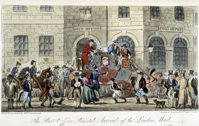 Poste à Londres : Le bureau de poste de Bristol, arrivée du courrier de Londres - dans "The English Spy" par Charles Molloy Westmacott, dessin par Robert Cruikshank, édition de Londres