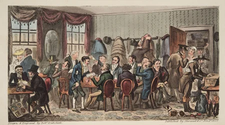 Le banquet des hommes au Bell Inn, Cheltenham, de The English Spy, pub. 1824