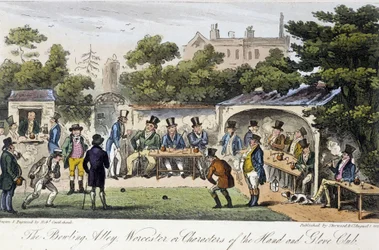 La salle de bowling ou les personnages du Hand and Glove Club - dans « The English Spy » par Charles Molloy Westmacott, dessin de Robert Cruikshank, édition de Londres