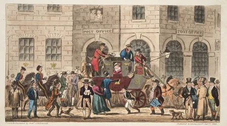 Le bureau de poste de Bristol, arrivée du courrier de Londres, de The English Spy, publié à Londres, 1824