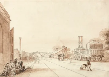 Vue sur le chemin de fer de Liverpool et Manchester avec la locomotive "Twin Sisters" sur une voie de garage
