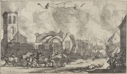 Franse troepen trekken plunderend en schietend door de ruïnes van het dorp Nigtevecht, 1672