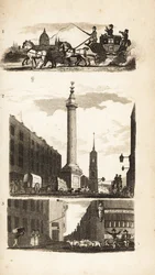 Campagnards sur une diligence, le Monument et Pie Corner