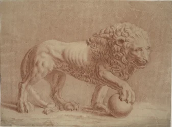 Lion tourné vers la droite avec sa patte droite sur un globe