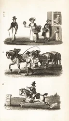 Bouquets, fille de cresson, chariot de brasseur et garçon de la poste à deux sous