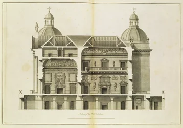 Houghton Hall : coupe transversale du Hall et du Salon, gravé par Pierre Fourdrinier, 1735