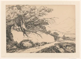 Paysage avec un homme se reposant sous un arbre avec un chien