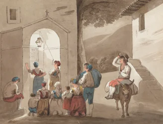 Après Pinnelli - Groupe de paysans devant une église