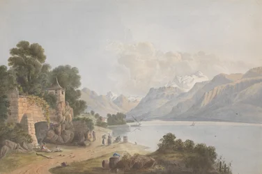 Paysage montagneux avec lac, porte et figures