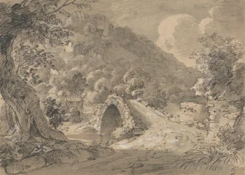 Paysage montagneux avec un pont et une maison