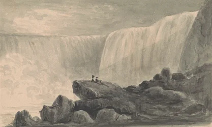 Vue des chutes du Niagara avec deux figures assises sur un rocher au premier plan