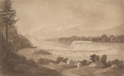 Vue des chutes du Niagara avec les chutes en arrière-plan, à droite, et paysage avec maisons au premier plan