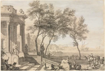 Scène de port fantastique avec architecture et figures, 1713
