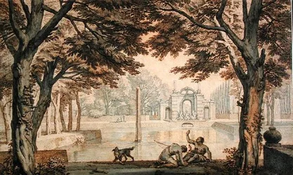Lac avec une fontaine dans un jardin