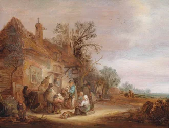 Paysans et musiciens devant une taverne