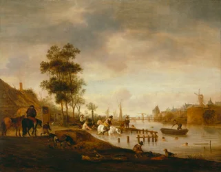 Paysage de rivière avec nageurs
