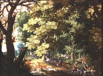 Paysage Boisé avec Chasseurs et Chiens