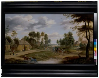 Paysage de village avec une calèche