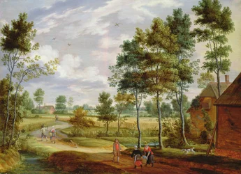 Figures devant un cottage dans un paysage campagnard