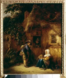Conversation devant une maison paysanne