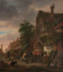 Ouvriers devant une auberge