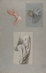 a. Main de Saint Remi, b. Main de Saint Remi, c. Étude de draperie pour un acolyte tenant un livre