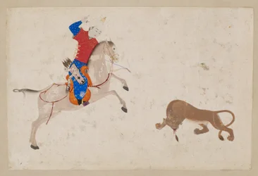 Cavalier tuant un lion, de Boukhara ou Tabriz, Ouzbékistan (couleur et or sur papier)