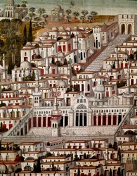 Art islamique : vue de Damas avec la Grande Mosquée des Omeyyades de Damas (705-715). Peinture syrienne anonyme du XVIIe siècle. Syrie, Damas, palais Azem ou Azm.