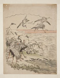 Grues de retour (estampe sur bois en couleur)