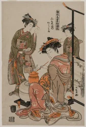 La courtisane Karahama de Yamashiroya exécutant la cérémonie du thé (de la série Modèles pour la mode : nouveaux designs aussi frais que de jeunes feuilles)