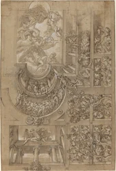 Plafond illusionniste avec une tonnelle de raisin, des figures sur des galeries et une scène centrale des dieux olympiens