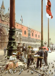 Nourrir les pigeons sur la Place Saint-Marc, Venise