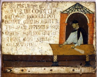 Un camerlingue, représentant le paiement des impôts. Biccherna (couverture du registre comptable de la ville de Sienne) de 1270. Archives d