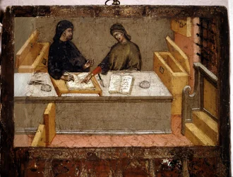 Un camérier et un percepteur dans le bureau, Biccherna (couverture du registre comptable de la ville de Sienne) de 1394. Archives nationales - Museo delle Tavolette di Biccherna, Sienne