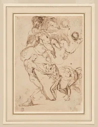 Étude de Figures Masculines Liées et Malmenées, et Divers Putti, Un Tenant une Fronde de Palmier