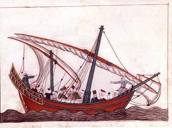 Un bateau turc. Miniature des "Mémoires turques" (codex Cicogna 1971 "Memorie Turchesche") Aquarelle de l